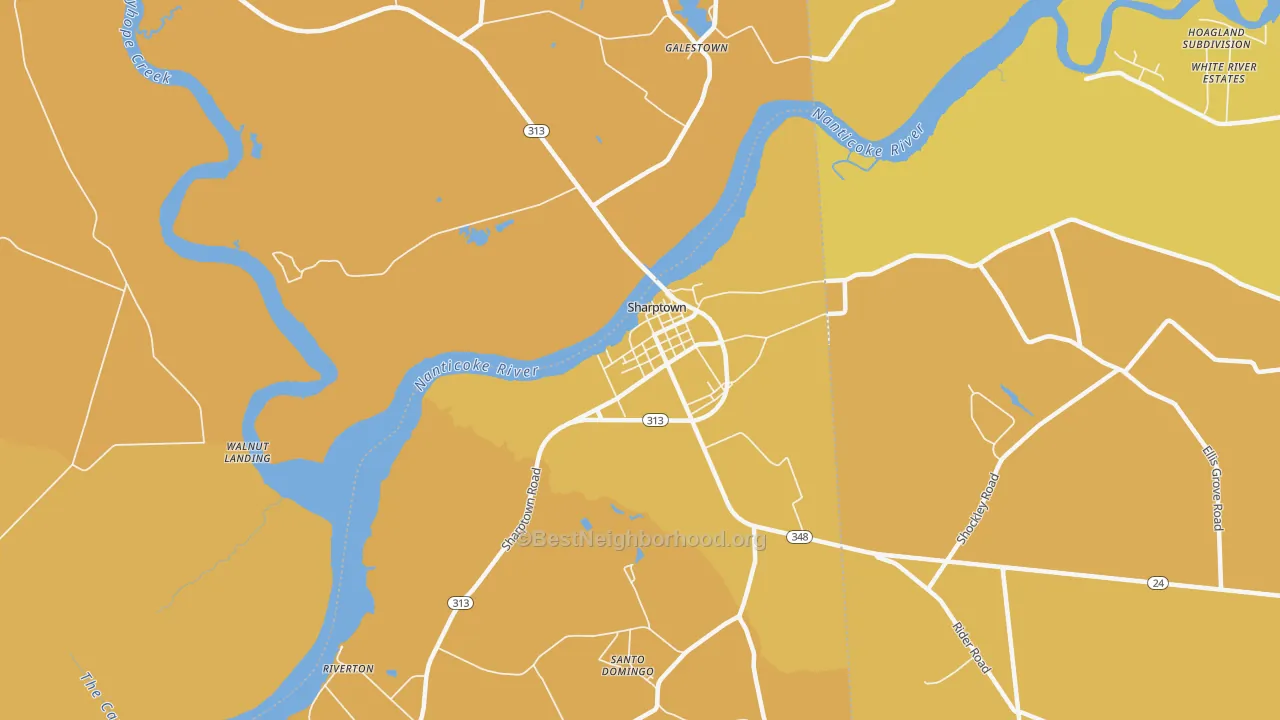 Map of the best neighborhoods in the Sharptown area, with better matches in green and worse matches in red
