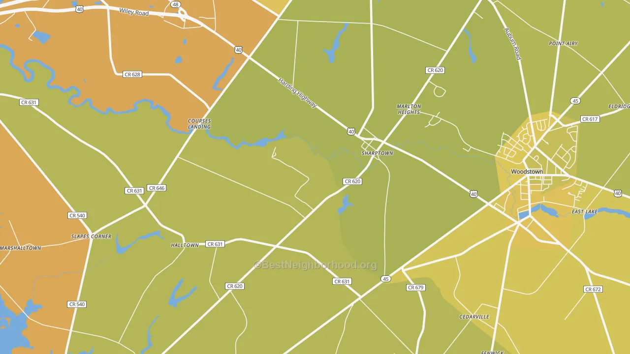 Map of the best neighborhoods in the Sharptown area, with better matches in green and worse matches in red