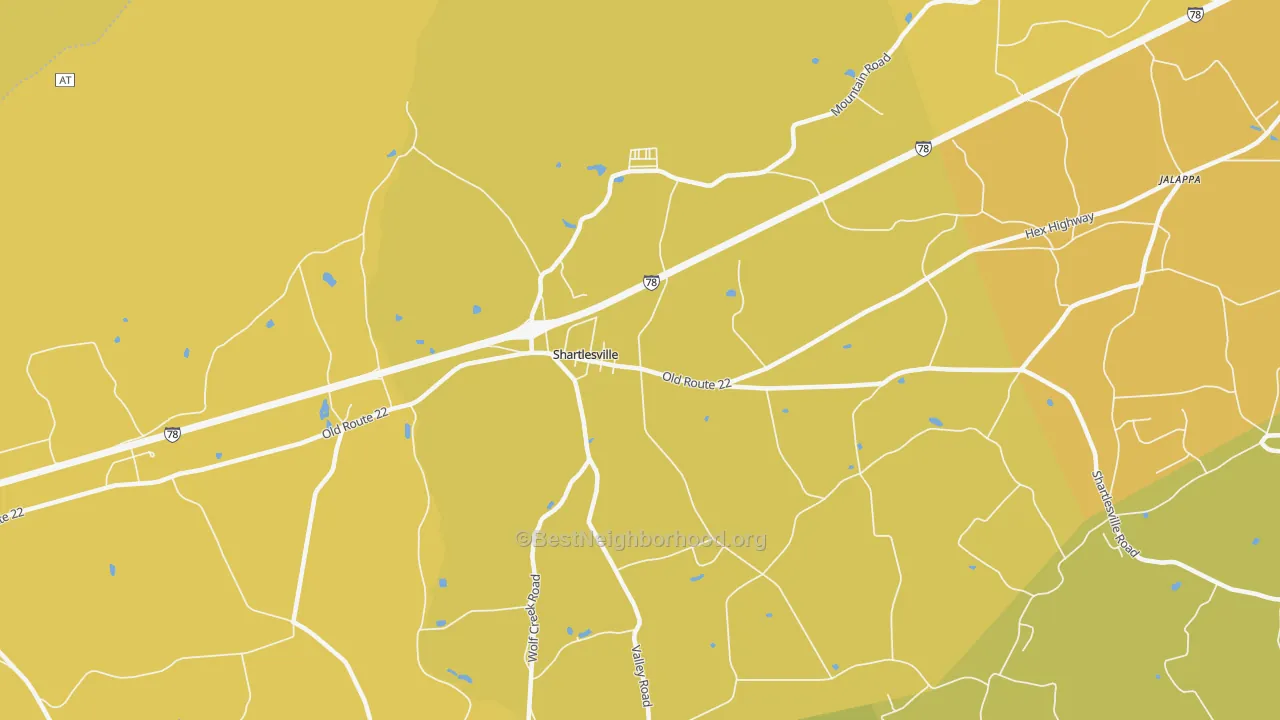 Map of the best neighborhoods in the Shartlesville area, with better matches in green and worse matches in red