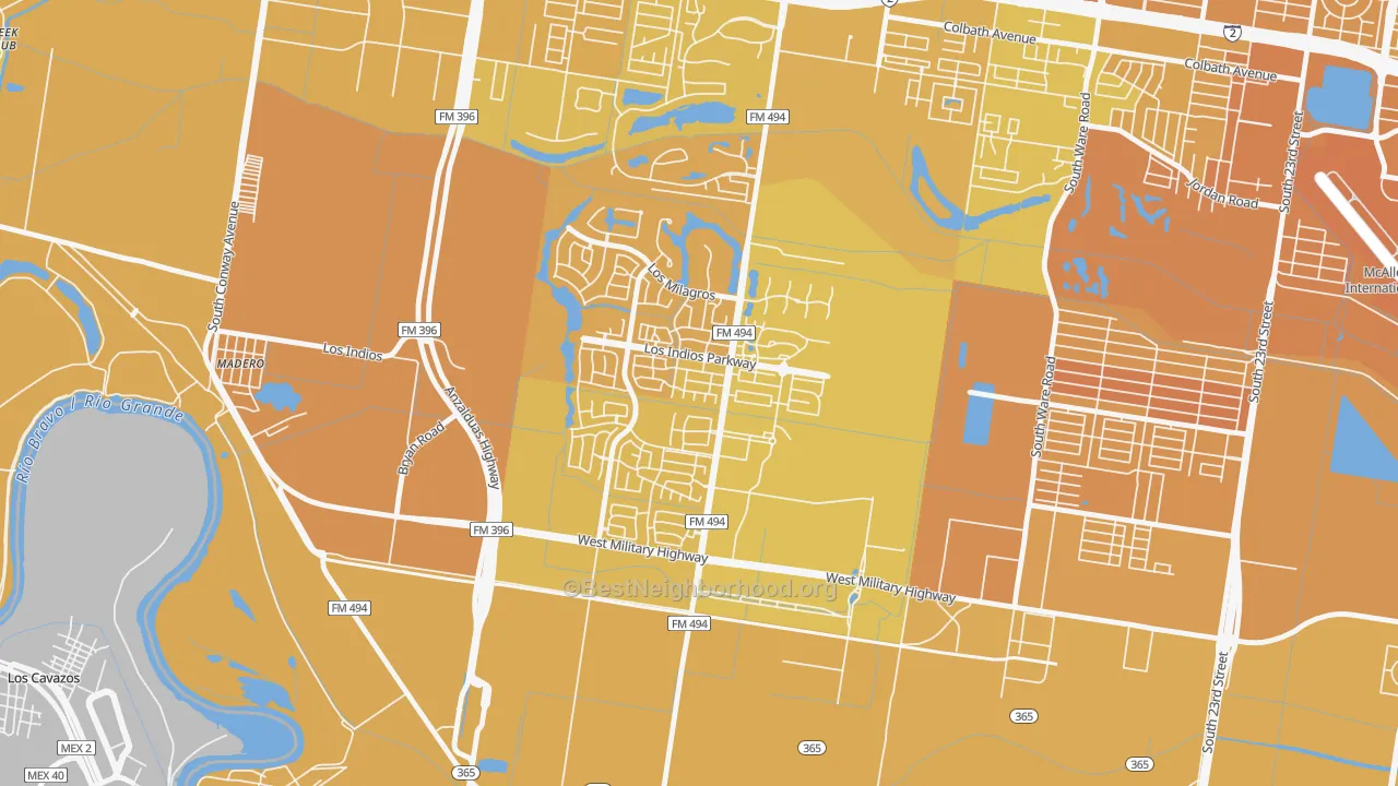 Map of the best neighborhoods in the Sharyland Plantation, Mission area, with better matches in green and worse matches in red