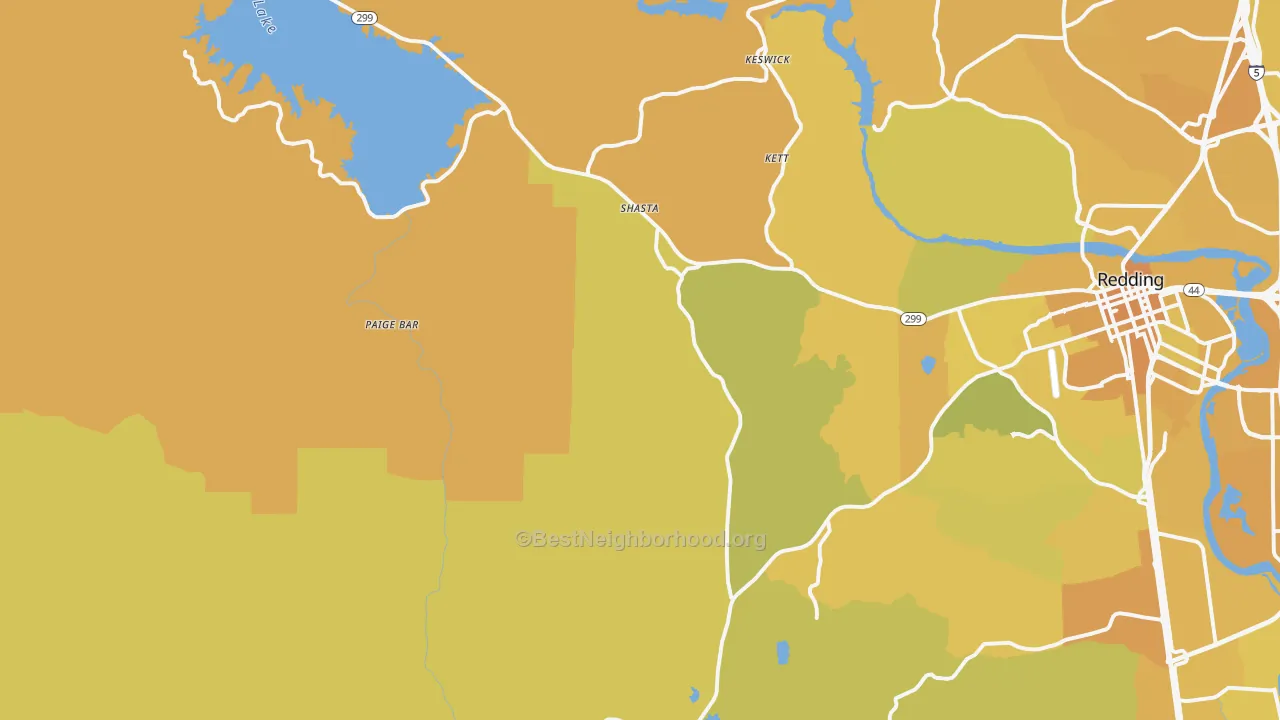 Map of the best neighborhoods in the Shasta area, with better matches in green and worse matches in red