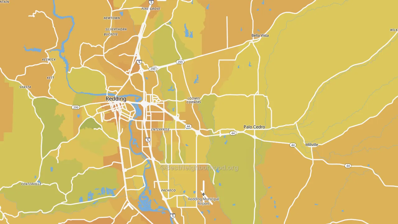 Map of the best neighborhoods in the Shasta County area, with better matches in green and worse matches in red