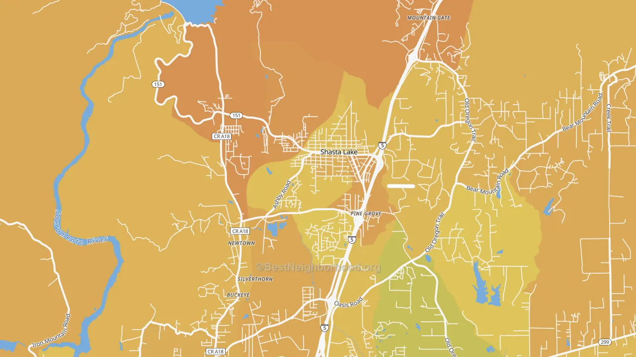 Map of the best neighborhoods in the Shasta Lake area, with better matches in green and worse matches in red