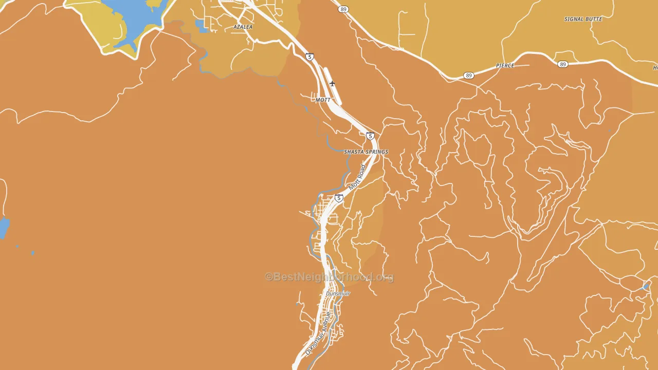 Map of the best neighborhoods in the Shasta Retreat area, with better matches in green and worse matches in red
