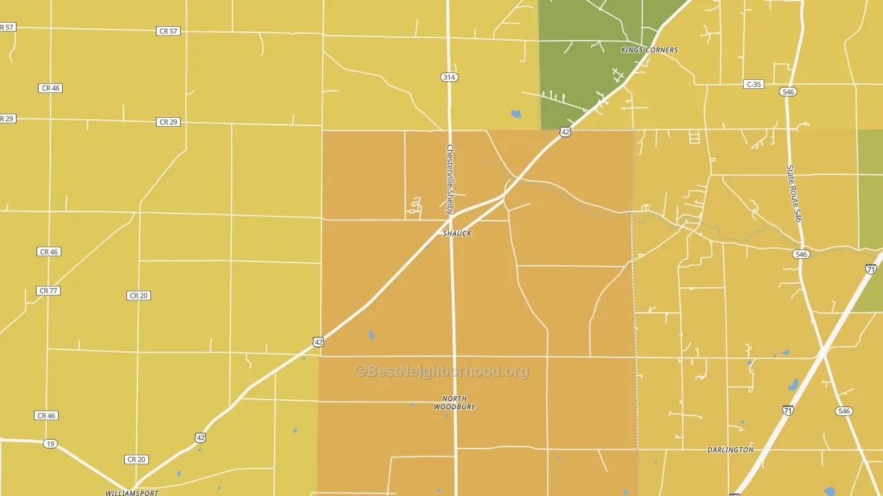 Map of the best neighborhoods in the Shauck area, with better matches in green and worse matches in red