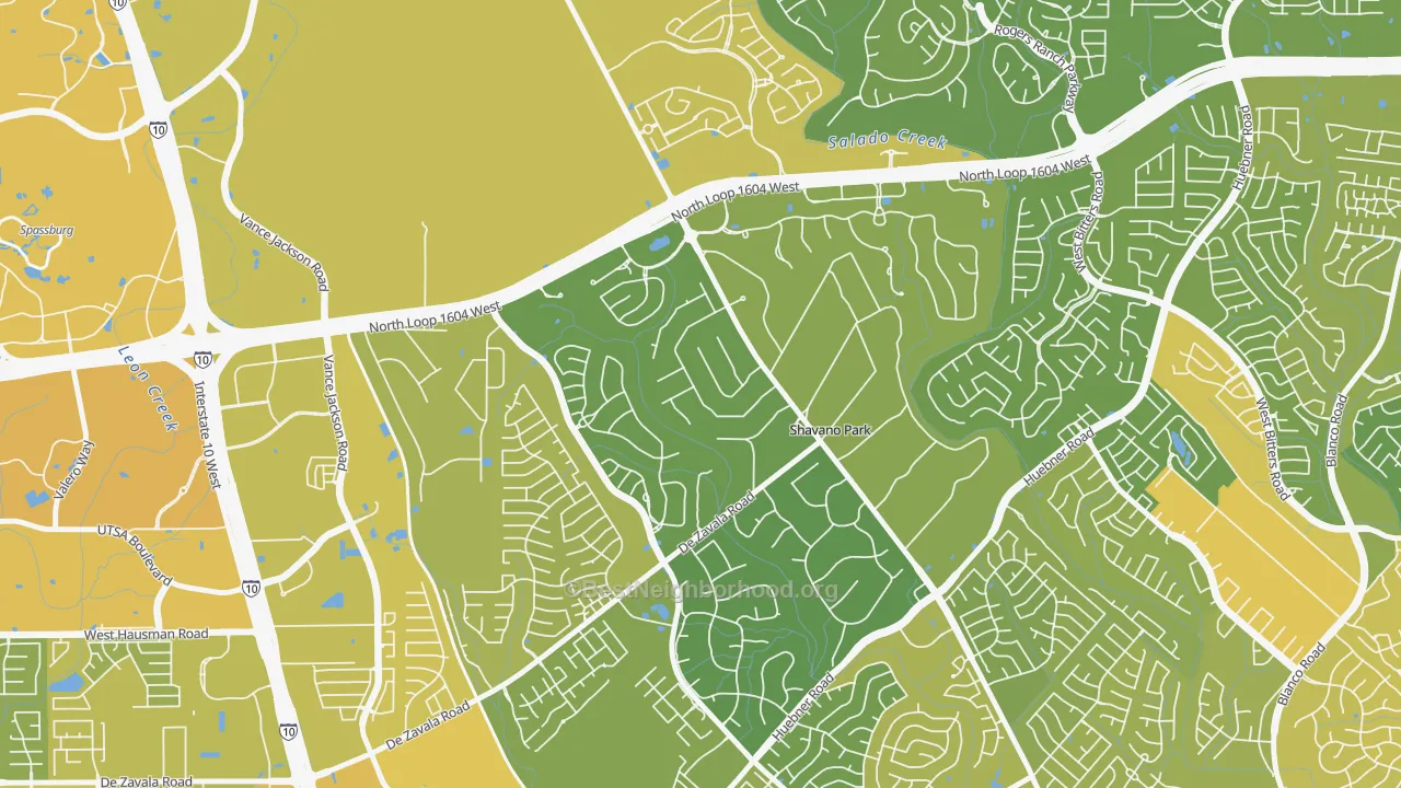 Map of the best neighborhoods in the Shavano Park area, with better matches in green and worse matches in red