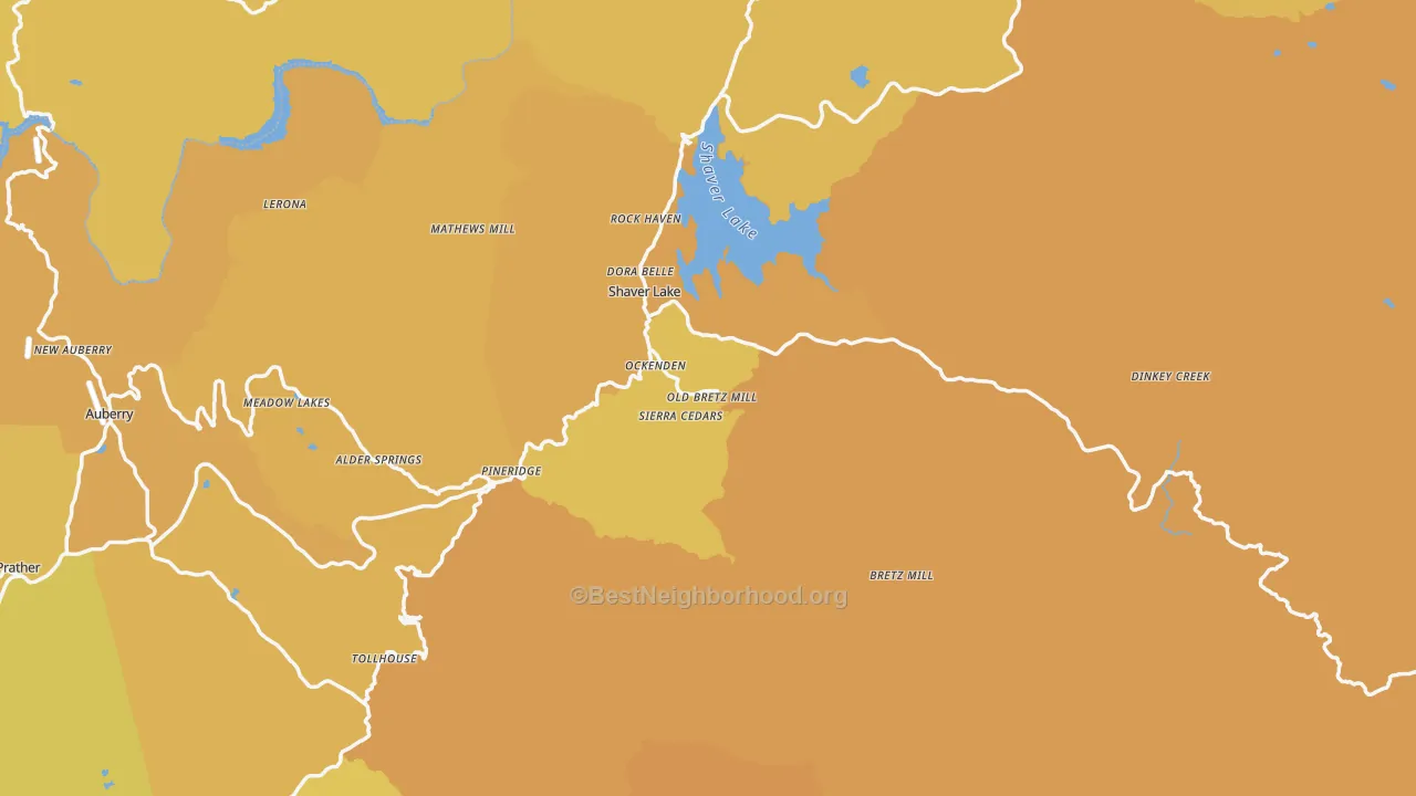 Map of the best neighborhoods in the Shaver Lake area, with better matches in green and worse matches in red