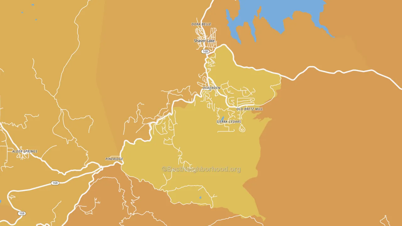 Map of the best neighborhoods in the Shaver Lake Heights area, with better matches in green and worse matches in red
