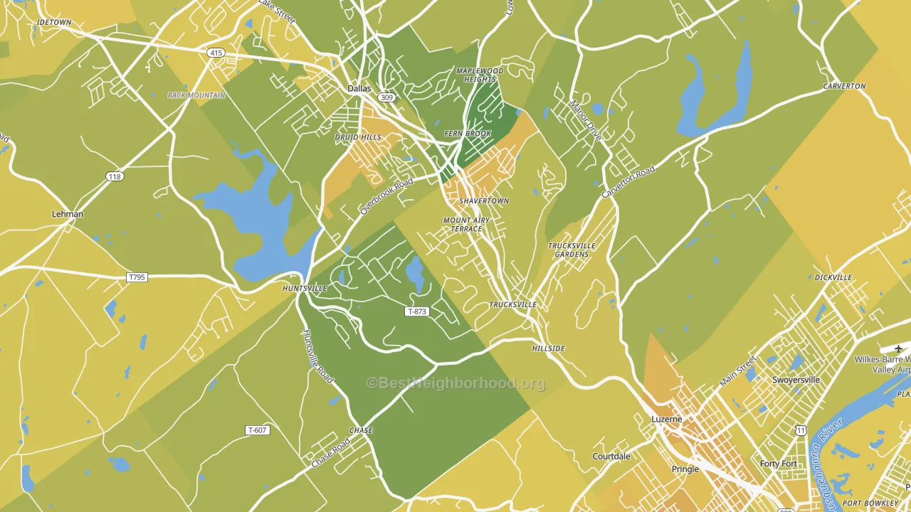 Map of the best neighborhoods in the Shavertown area, with better matches in green and worse matches in red