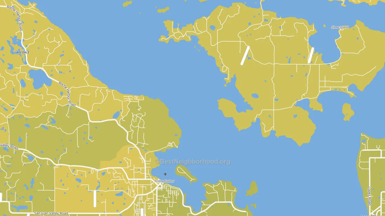 Map of the best neighborhoods in the Shaw Island area, with better matches in green and worse matches in red