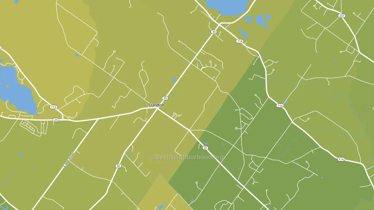 Map of the best neighborhoods in the Shaw Mills area, with better matches in green and worse matches in red