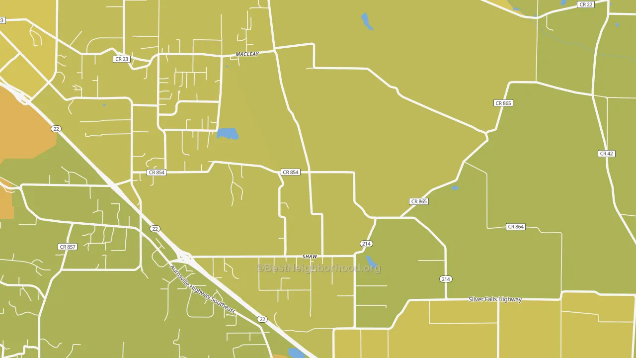 Map of the best neighborhoods in the Shaw area, with better matches in green and worse matches in red
