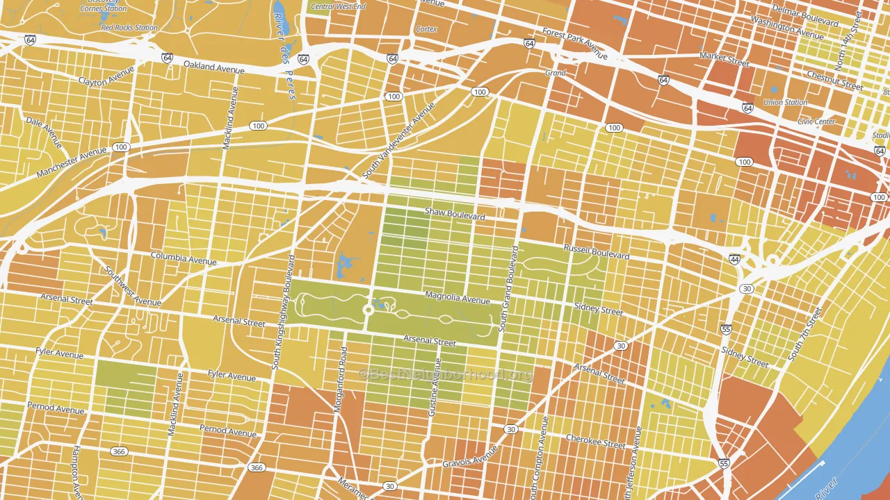 Map of the best neighborhoods in the Shaw, St. Louis area, with better matches in green and worse matches in red