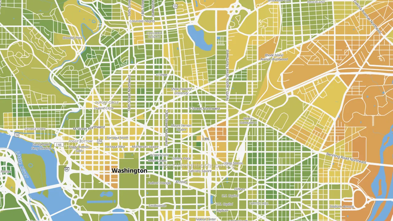Map of the best neighborhoods in the Shaw, Washington area, with better matches in green and worse matches in red