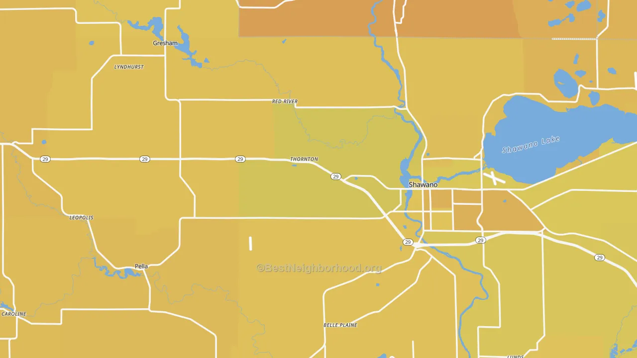 Map of the best neighborhoods in the Shawano County area, with better matches in green and worse matches in red