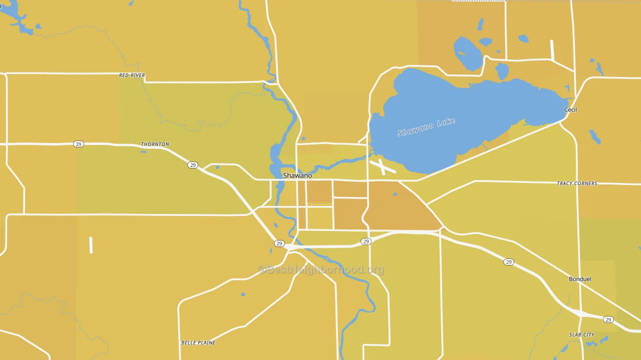 Map of the best neighborhoods in the Shawano area, with better matches in green and worse matches in red