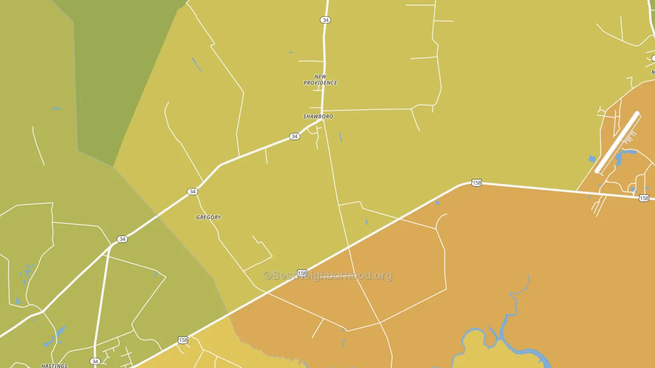 Map of the best neighborhoods in the Shawboro area, with better matches in green and worse matches in red
