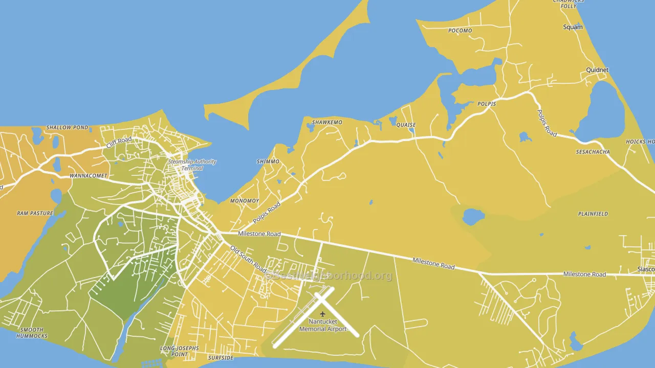 Map of the best neighborhoods in the Shawkemo area, with better matches in green and worse matches in red