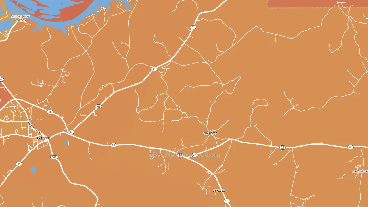 Map of the best neighborhoods in the Shawnee area, with better matches in green and worse matches in red