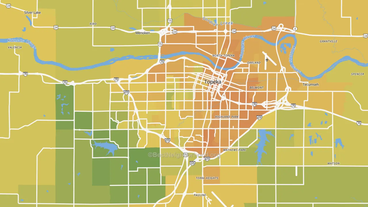 Map of the best neighborhoods in the Shawnee County area, with better matches in green and worse matches in red