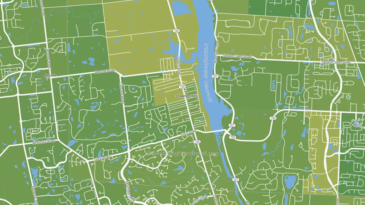 Map of the best neighborhoods in the Shawnee Hills area, with better matches in green and worse matches in red