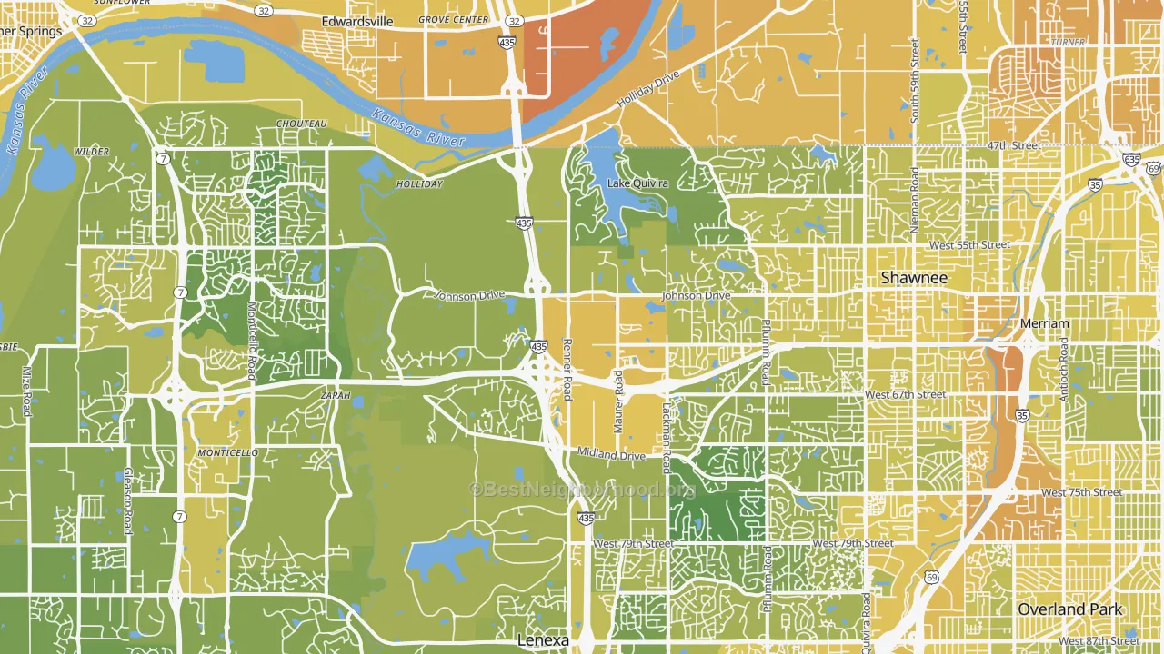 Map of the best neighborhoods in the Shawnee area, with better matches in green and worse matches in red