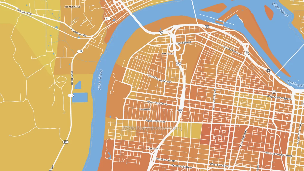 Map of the best neighborhoods in the Shawnee, Louisville area, with better matches in green and worse matches in red