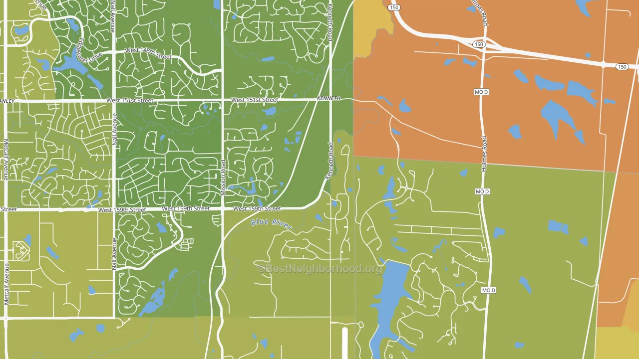 Map of the best neighborhoods in the Shawnee Mission area, with better matches in green and worse matches in red