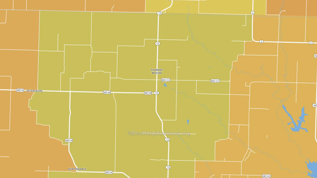 Map of the best neighborhoods in the Shawnee Mound area, with better matches in green and worse matches in red