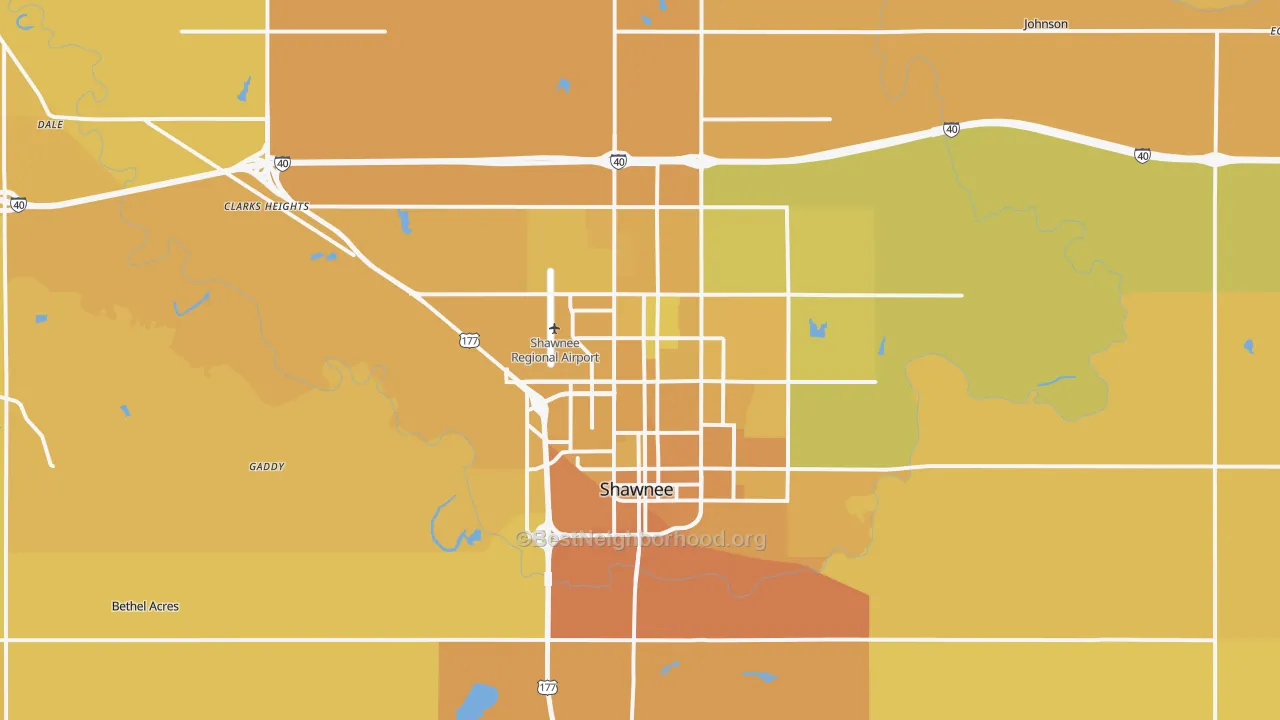 Map of the best neighborhoods in the Shawnee area, with better matches in green and worse matches in red