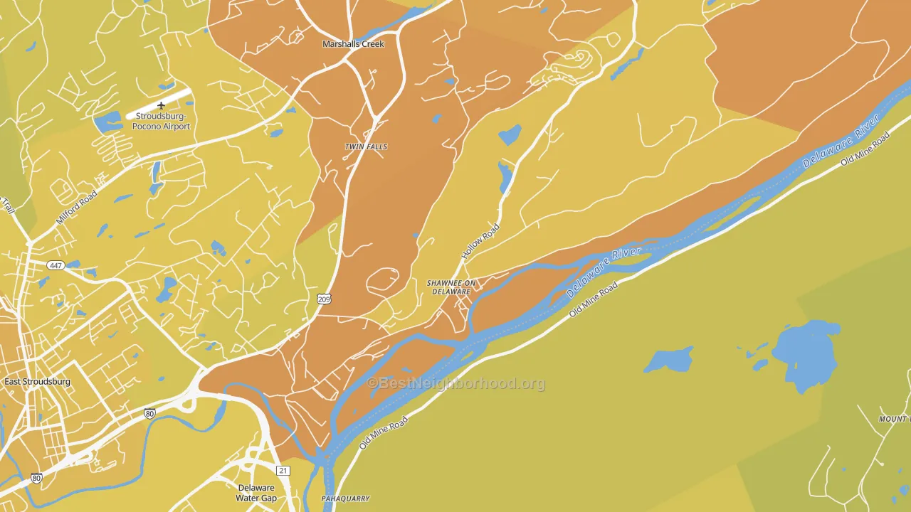 Map of the best neighborhoods in the Shawnee On Delaware area, with better matches in green and worse matches in red