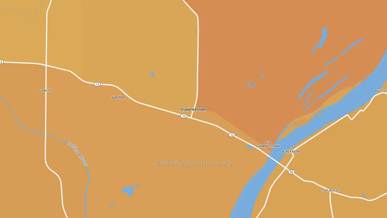 Map of the best neighborhoods in the Shawneetown area, with better matches in green and worse matches in red