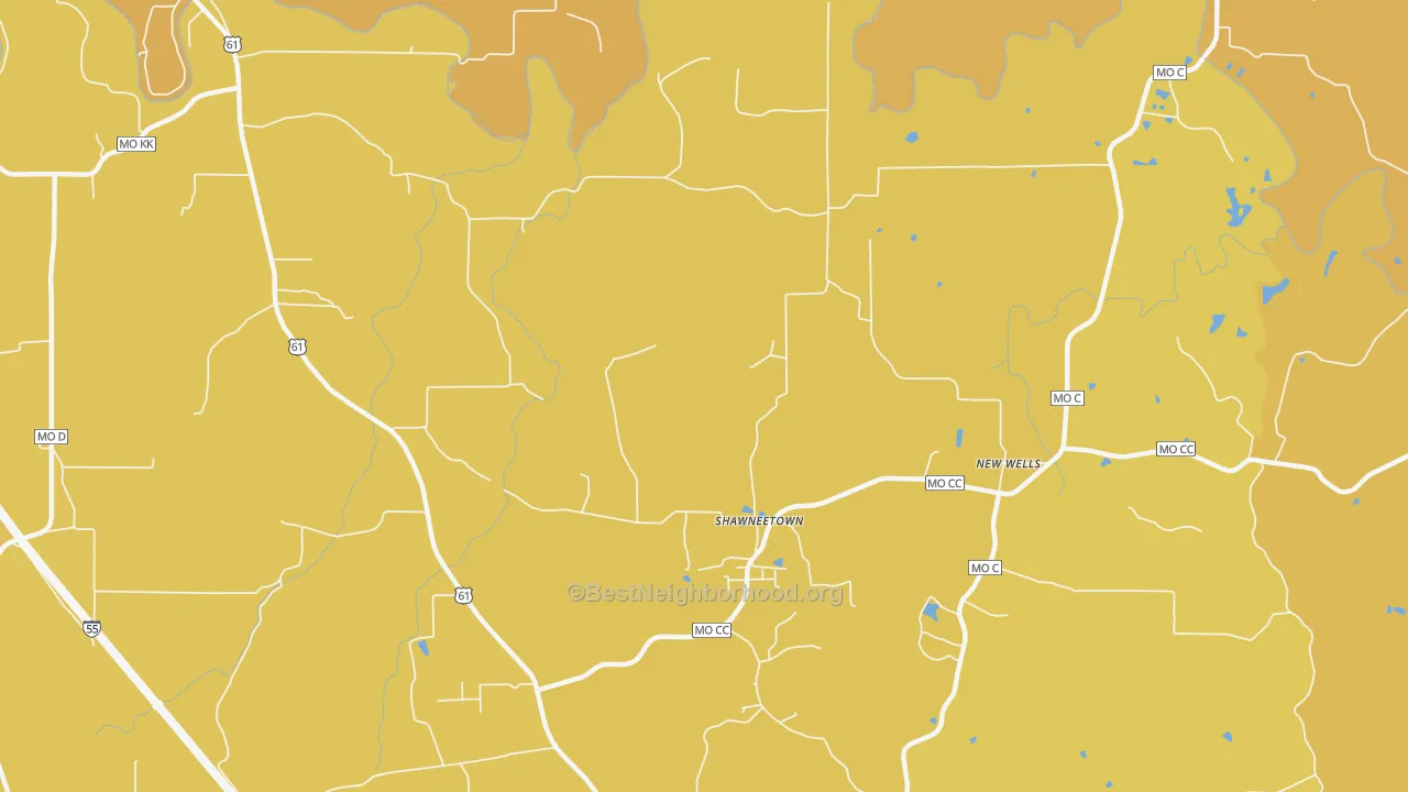 Map of the best neighborhoods in the Shawneetown area, with better matches in green and worse matches in red