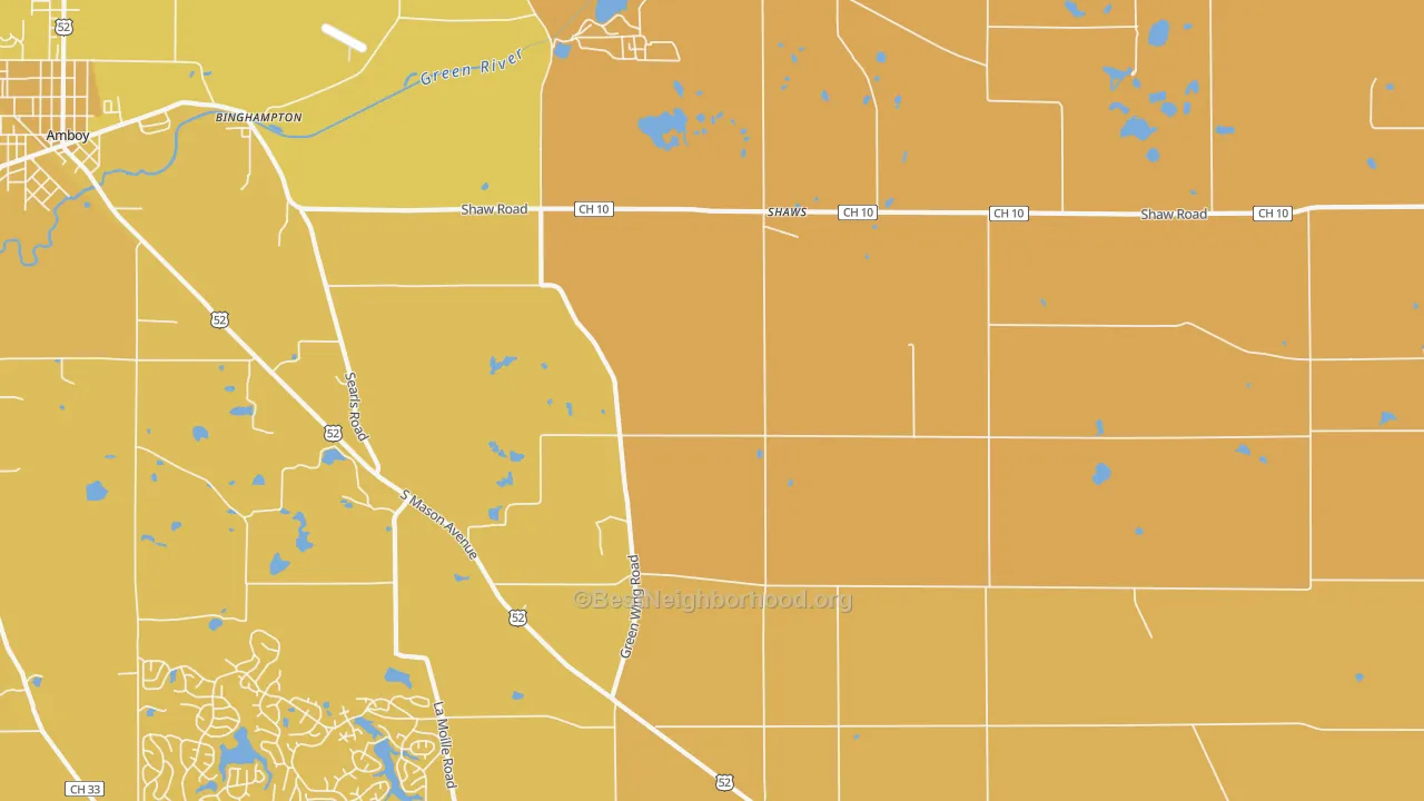 Map of the best neighborhoods in the Shaws area, with better matches in green and worse matches in red
