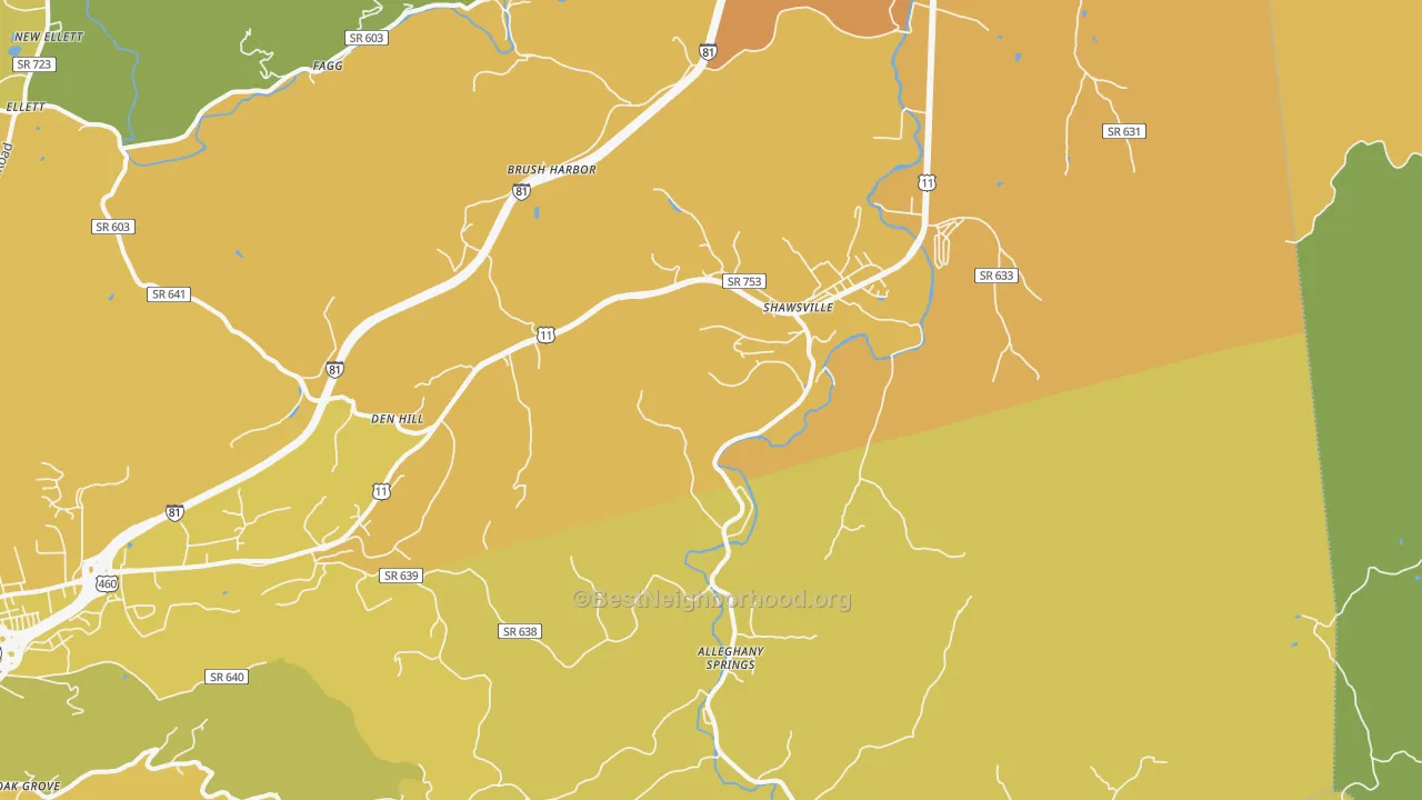 Map of the best neighborhoods in the Shawsville area, with better matches in green and worse matches in red