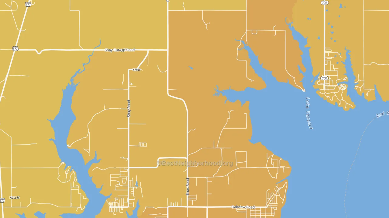 Map of the best neighborhoods in the Shay area, with better matches in green and worse matches in red