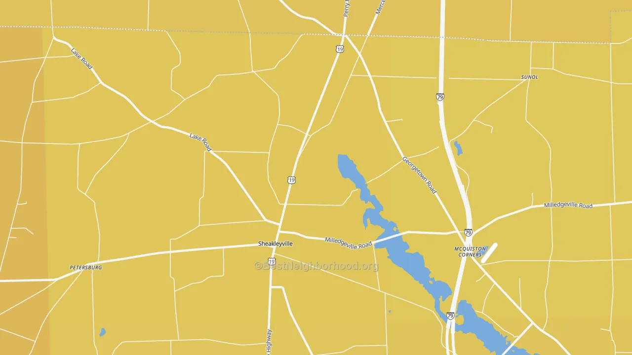 Map of the best neighborhoods in the Sheakleyville area, with better matches in green and worse matches in red