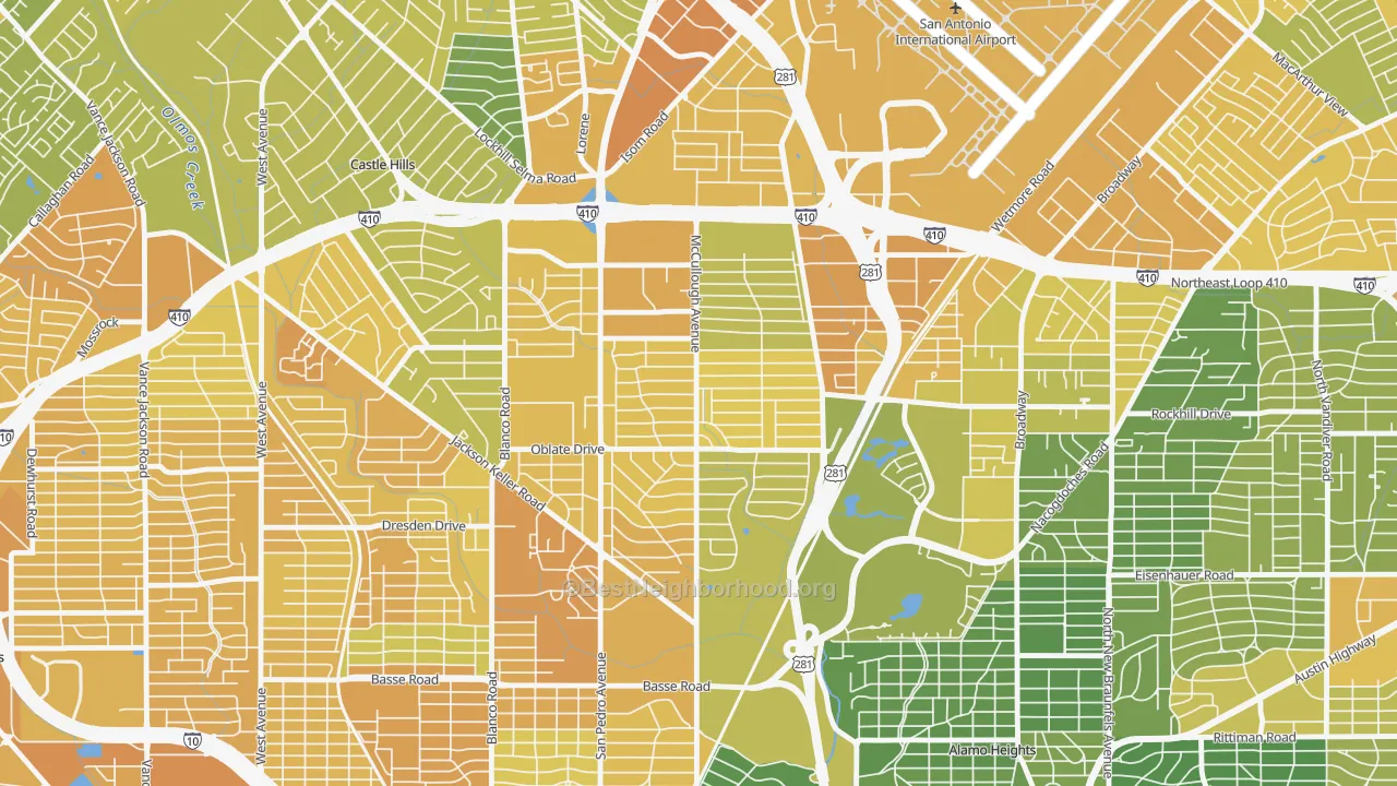 Map of the best neighborhoods in the Shearer Hills-Ridgeview, San Antonio area, with better matches in green and worse matches in red