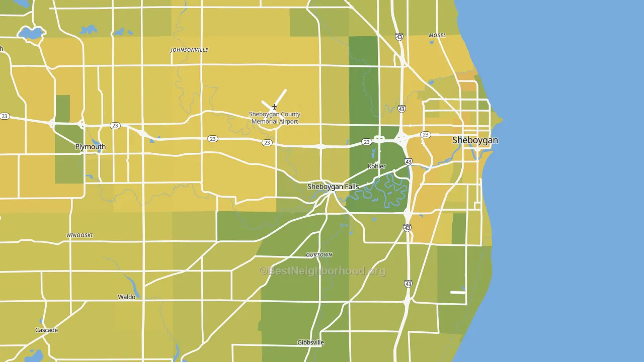 Map of the best neighborhoods in the Sheboygan County area, with better matches in green and worse matches in red