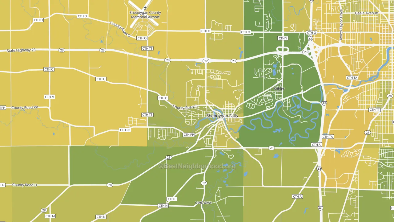 Map of the best neighborhoods in the Sheboygan Falls area, with better matches in green and worse matches in red