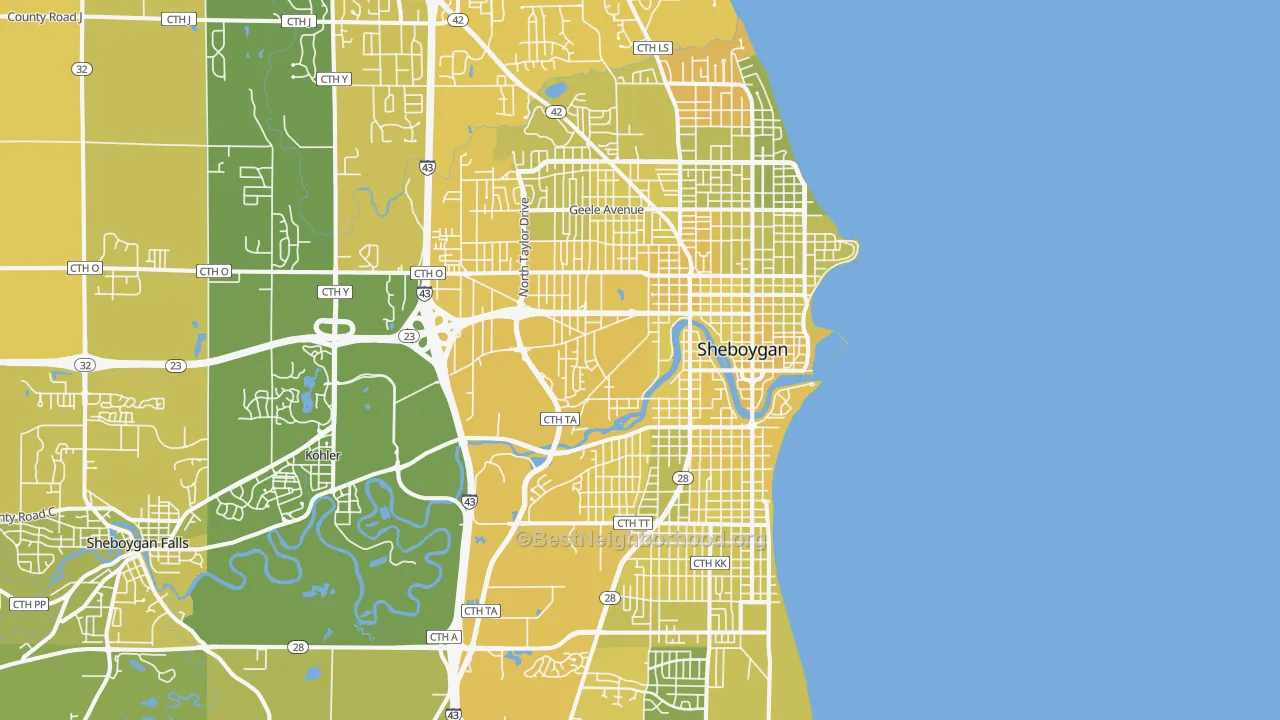 Map of the best neighborhoods in the Sheboygan Metro area, with better matches in green and worse matches in red