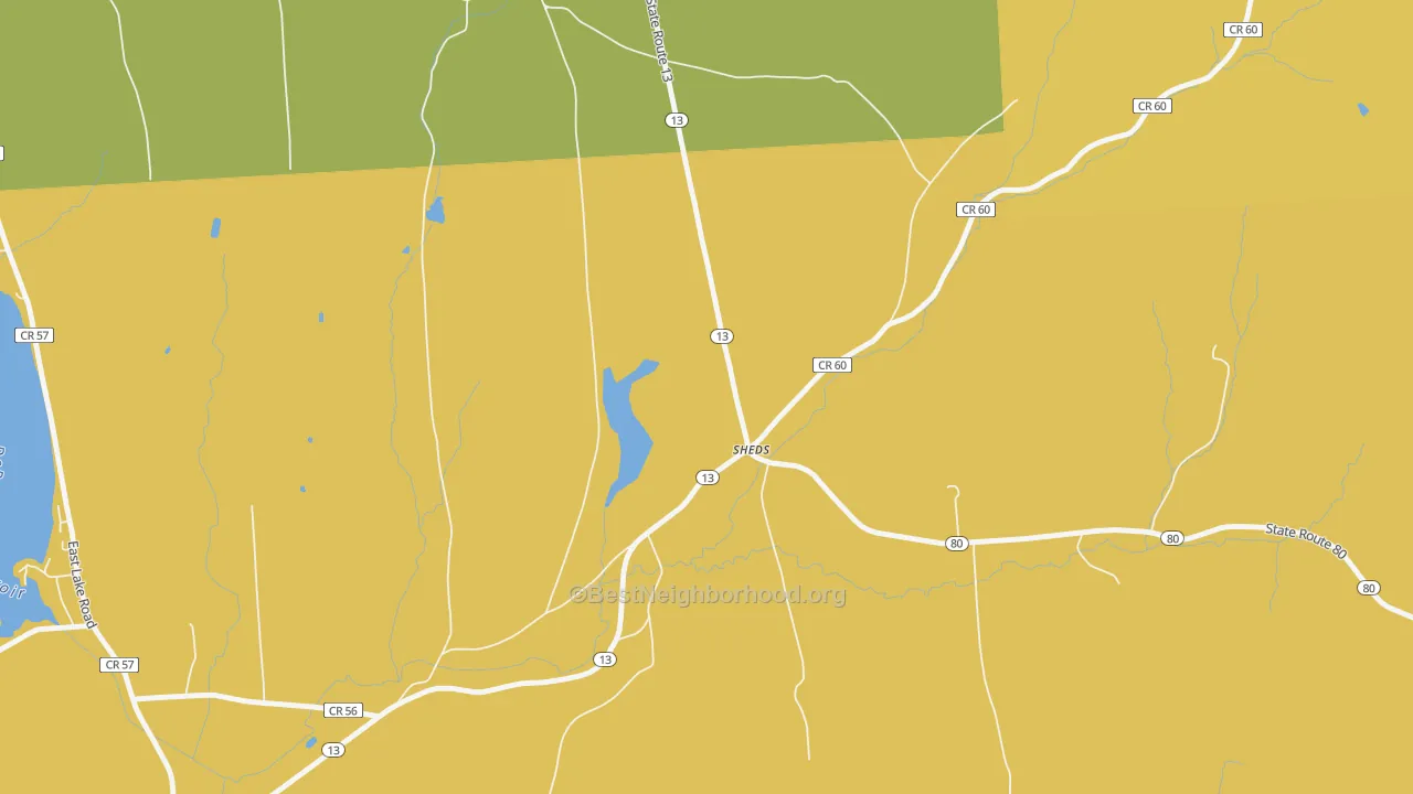 Map of the best neighborhoods in the Sheds area, with better matches in green and worse matches in red