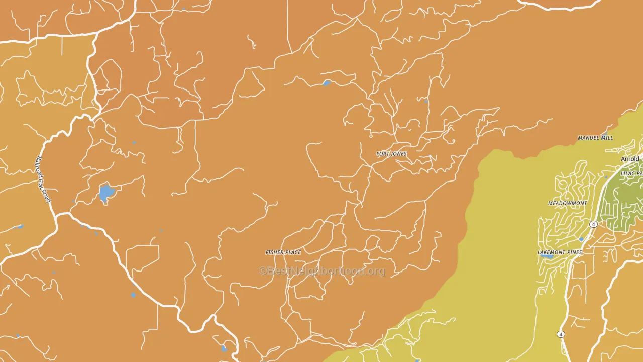 Map of the best neighborhoods in the Sheep Ranch area, with better matches in green and worse matches in red