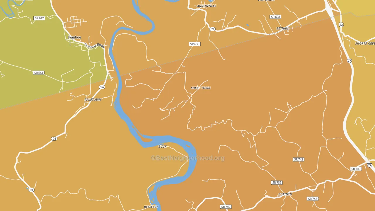 Map of the best neighborhoods in the Sheep Town area, with better matches in green and worse matches in red