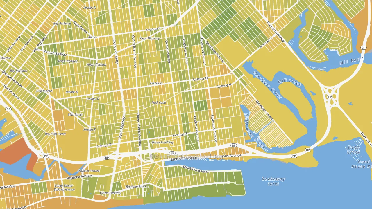 Map of the best neighborhoods in the Sheepshead Bay, Brooklyn area, with better matches in green and worse matches in red