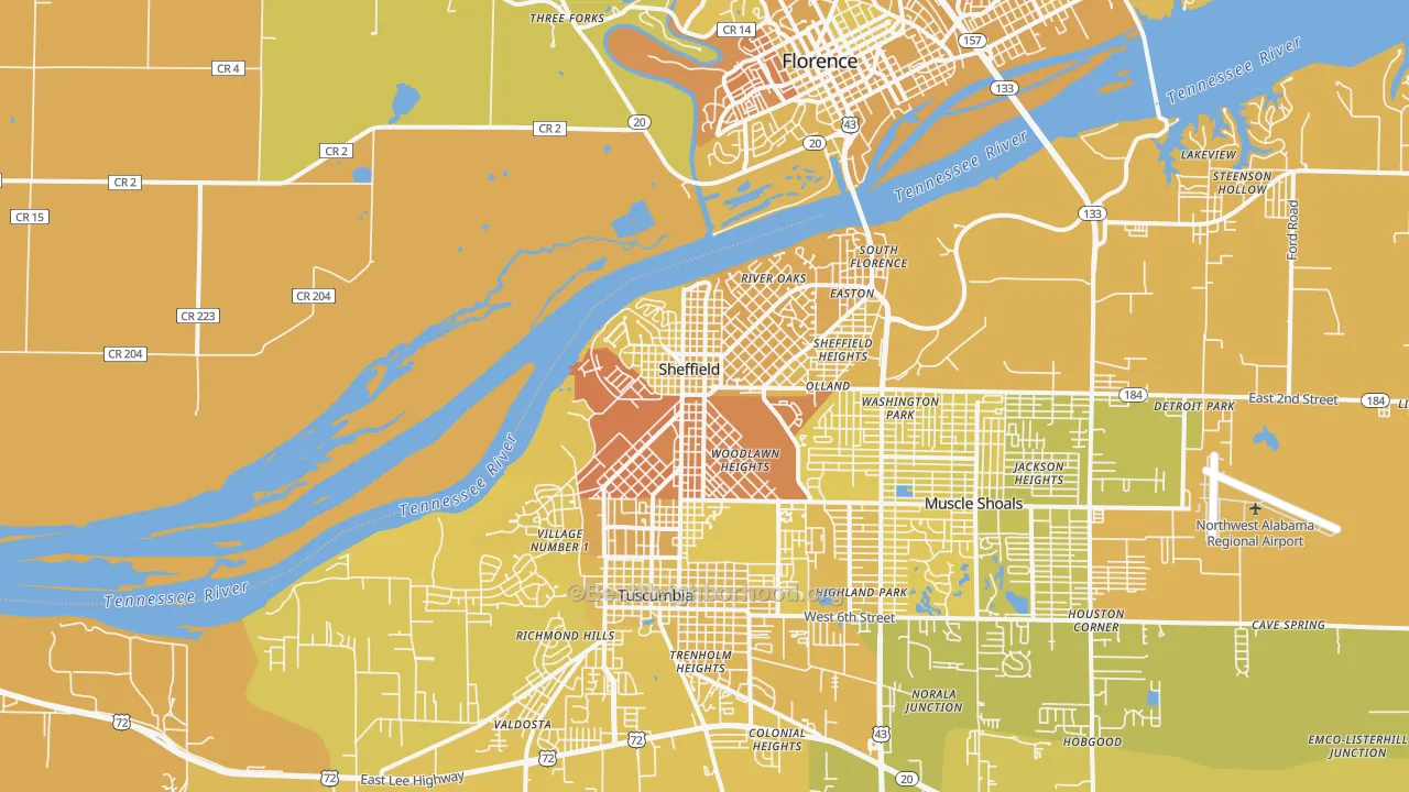 Map of the best neighborhoods in the Sheffield area, with better matches in green and worse matches in red
