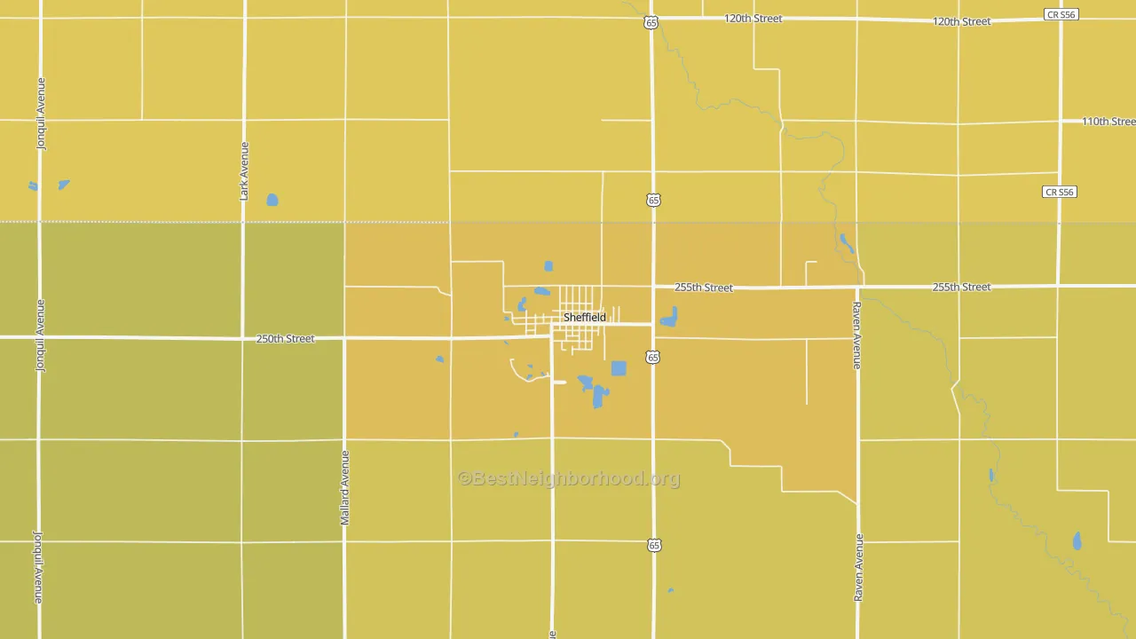 Map of the best neighborhoods in the Sheffield area, with better matches in green and worse matches in red