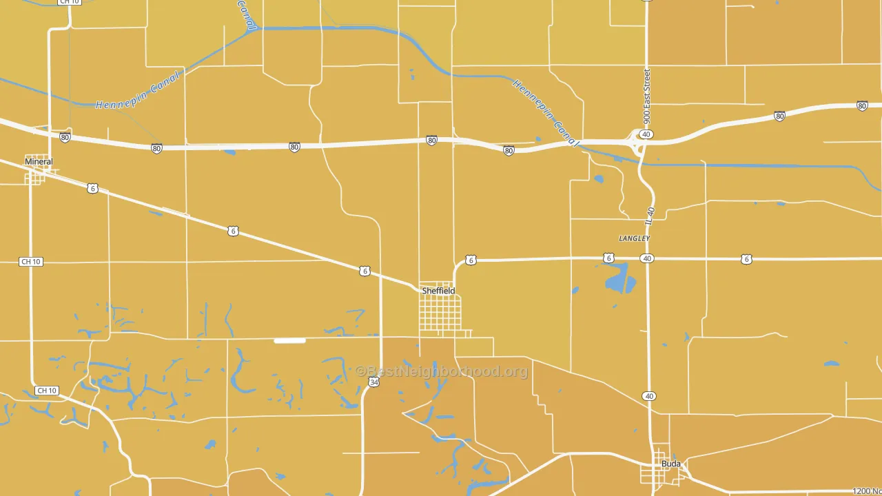 Map of the best neighborhoods in the Sheffield area, with better matches in green and worse matches in red