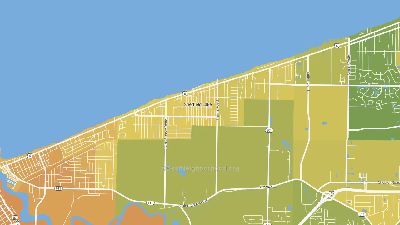 Map of the best neighborhoods in the Sheffield Lake area, with better matches in green and worse matches in red