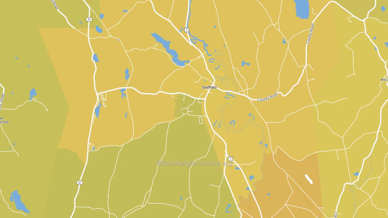 Map of the best neighborhoods in the Sheffield area, with better matches in green and worse matches in red